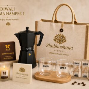 Diwali Aroma Hamper 1 by Shubhashaya with coffee, coffee maker, glass mugs, candles and festive gifts