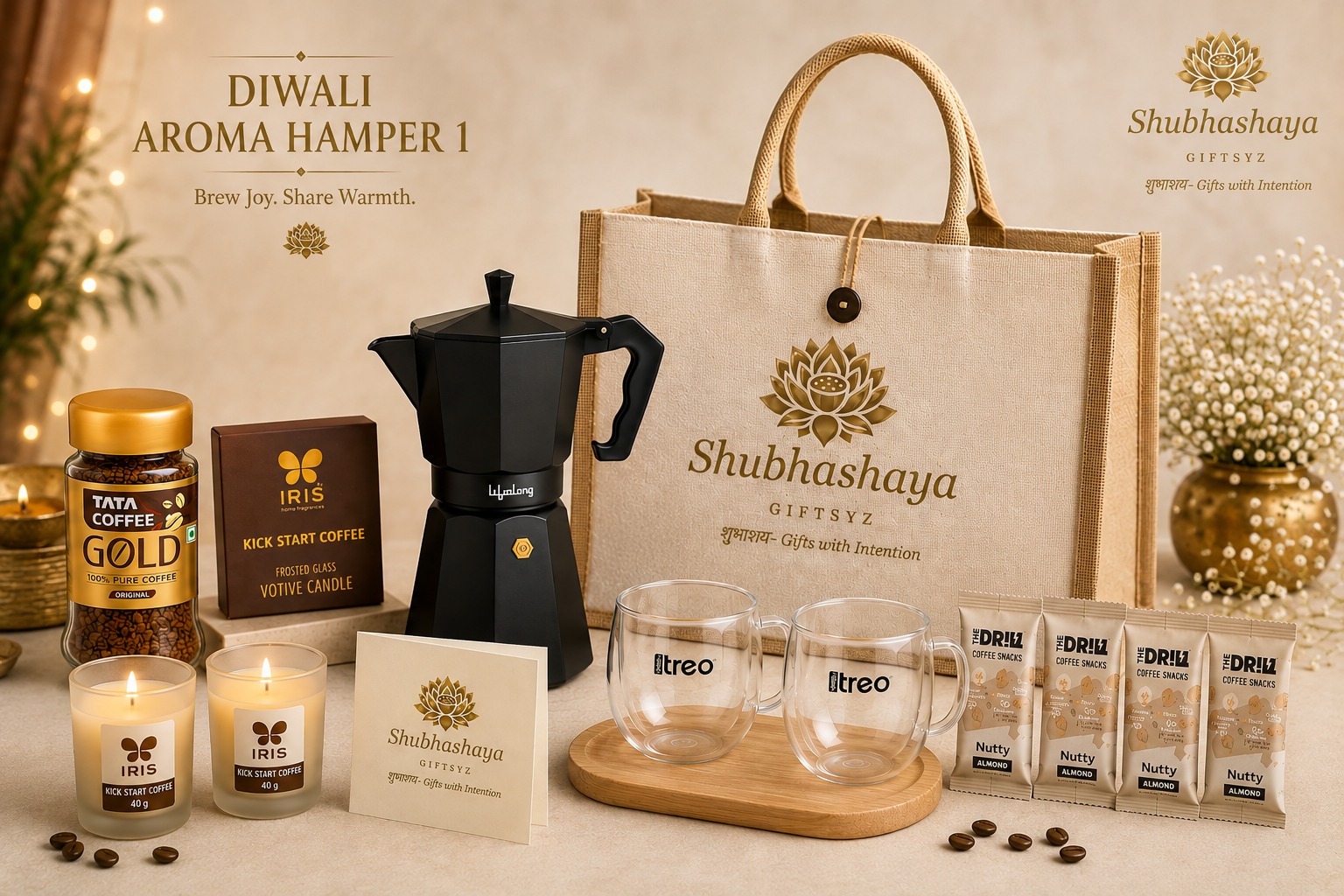 Diwali Aroma Hamper 1 by Shubhashaya with coffee, coffee maker, glass mugs, candles and festive gifts