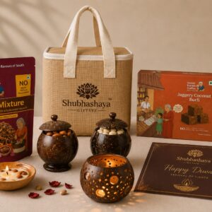 Diwali Gift Hamper NAT by Shubhashaya with jute hamper, traditional treats, diya and handcrafted festive décor
